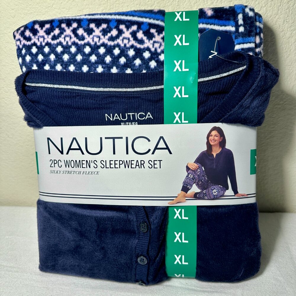 Nautica Women's 2-piece Pajama Lounger Set Size XL Blue Cozy Soft Fleece (NEW)
